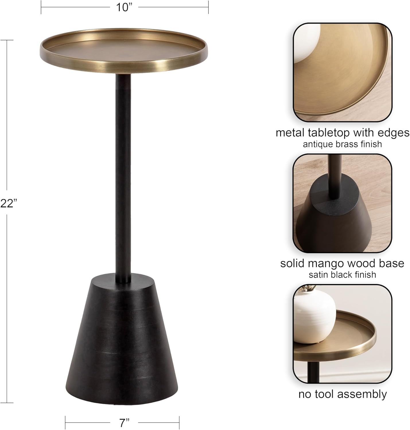 Tira Elegant round Drink Table, 10 X 22, Antique Brass and Black, Vintage Glam Circle Martini Table for Use as a Small Bedroom Nightstand or Living Room Plant Stand Option