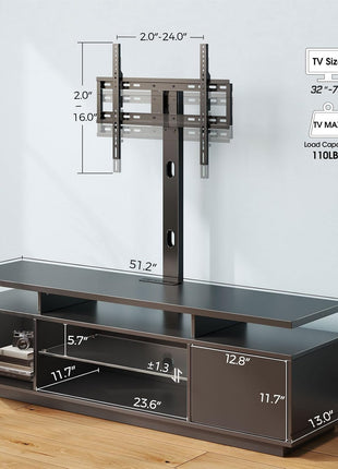 51.2-Inch TV Stand with Mount and Power Outlet, Swivel Mount for 32-70 Inch TVs, Height Adjustable Modern Entertainment Center with Storage and LED Lighting in Black Finish