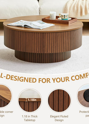 33-Inch Round Coffee Table with Lift-Top and Flip-Top Storage, Modern Fluted Design, Metal Frame, Wooden Center Table for Living Room, Small Spaces, Apartments, and Offices (Walnut)