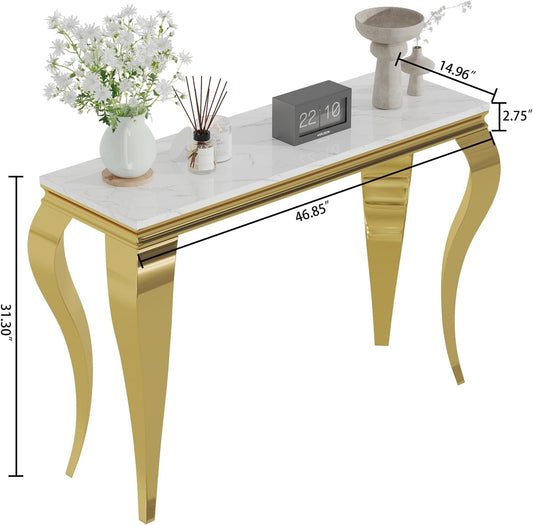 47 Inch White Marble Console Table with Mirrored Stainless Steel Metal Legs, Faux Marble Tall Luxury Gold Entryway Table, Modern Sofa Table Narrow Console Tables for Hallway Living Room