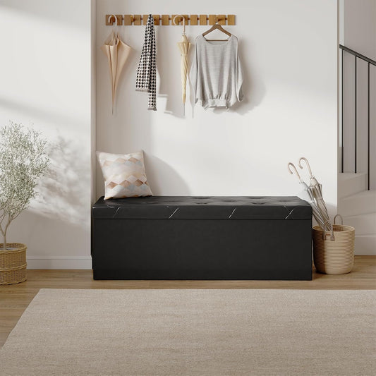 43 Inches Folding Ottoman with Storage Bench, Foot Rest Stool, End of Bed Storage Bench Upholstered, Load 660 Lbs, for Living Room, Lychee Grain Leather, Black