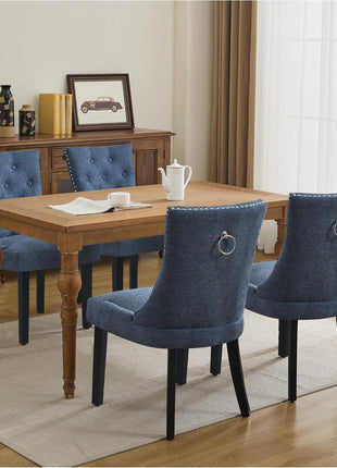 Set of 2 Upholstered Tufted Dining Chairs with Nailhead Trim and Solid Wood Legs in Dark Blue Fabric
