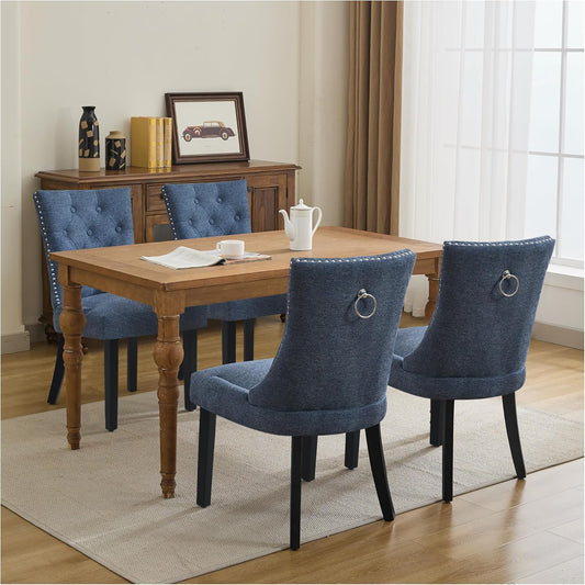 Upholstered Tufted Dining Chairs Set of 4, Fabric Side Dining Room Chairs with Nailhead Back Ring Pull Trim Solid Wood Legs, Dark Blue