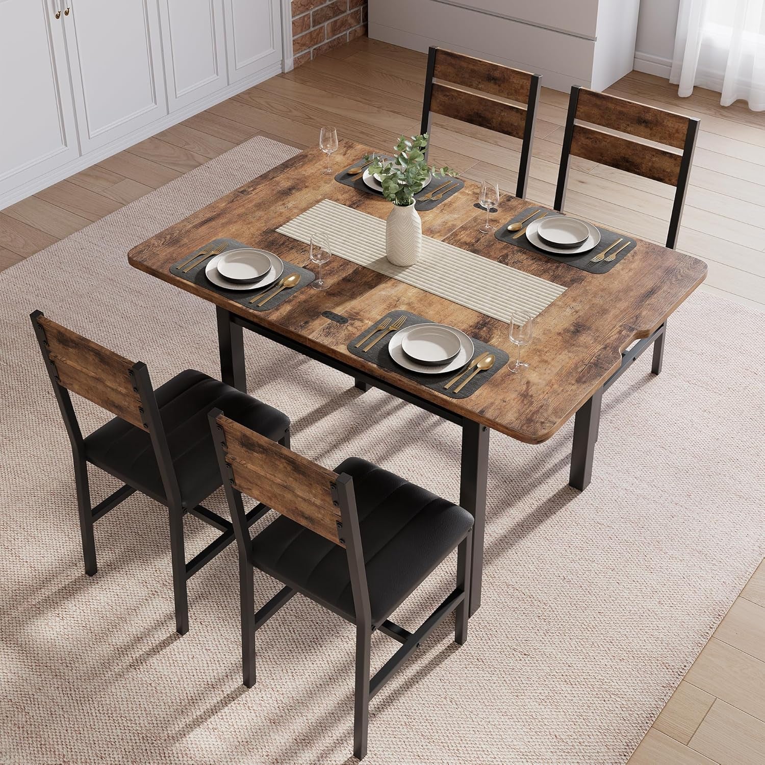 Dining Table Set for 4, Extendable Kitchen Table with 4 PU Leather Upholstered Dining Room Chairs, Wood Kitchen Table Set with Built-In Storage Rack for Dining & Small Spaces, Rustic Brown