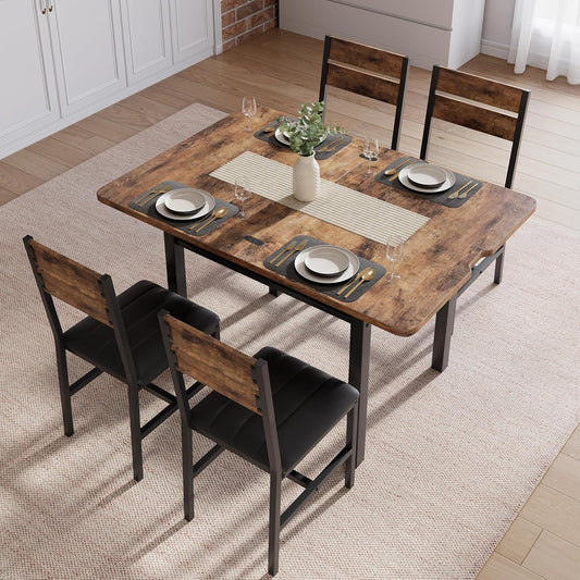 Dining Table Set for 4, Extendable Kitchen Table with 4 PU Leather Upholstered Dining Room Chairs, Wood Kitchen Table Set with Built-In Storage Rack for Dining & Small Spaces, Rustic Brown