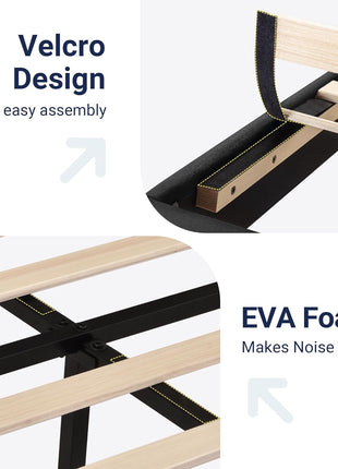 Queen Size Platform Bed Frame with Upholstered Headboard and Wooden Slat Support, No Box Spring Required, Easy Assembly, Dark Grey
