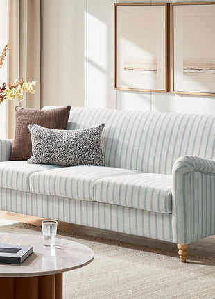 Farmhouse Recliner Armchair with Solid Wood Spindle Legs, Adjustable Backrest and Footrest, Comfortable High Back Single Sofa for Living Room, Blue Striped Design