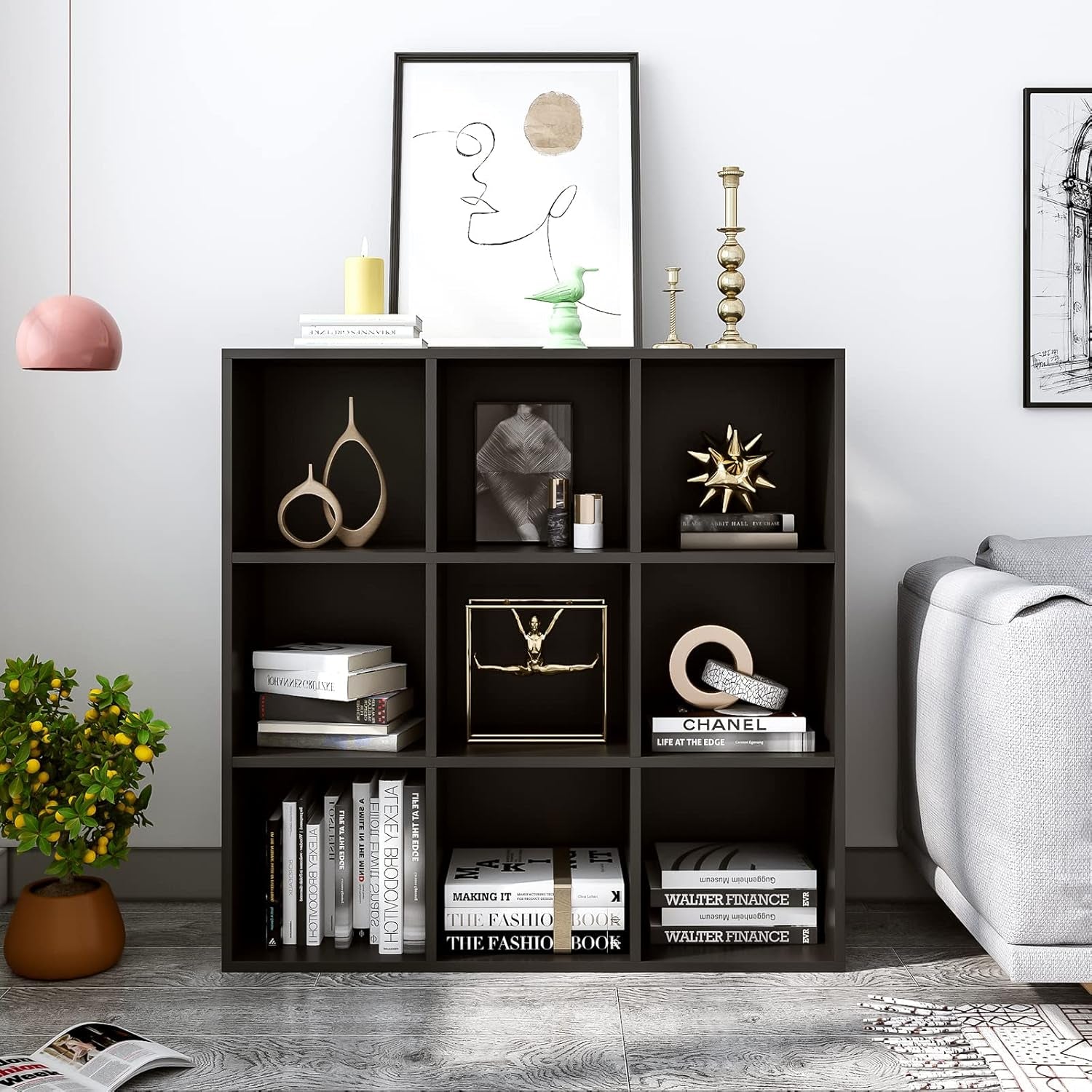 9-Cube Storage Shelf Bookcase - Wooden 3-Tier Free Standing Open Bookshelf for Home and Office, Organizer Cabinet in Black