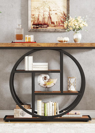 41.3" Industrial Console Table with Circular Base, 4-Tier Narrow Wood Accent Table Featuring Storage Shelves for Living Room, Hallway, and Foyer in Rustic Brown