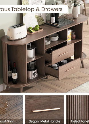 63" Fluted Sideboard Buffet Cabinet in Walnut - Mid-Century Modern Coffee Bar Station with Storage for Dining Room, Wood Accent Storage Cabinet & Credenza with Drawers for Liquor and Wine