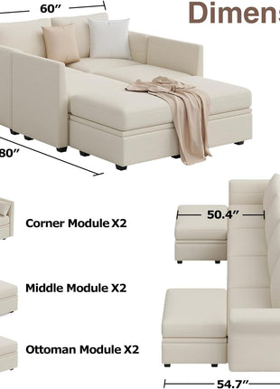 Modular U-Shaped Sectional Sofa with Storage, Convertible Design, High-Quality Soft Foam Cushions, Comfortable Seating for 6, Beige