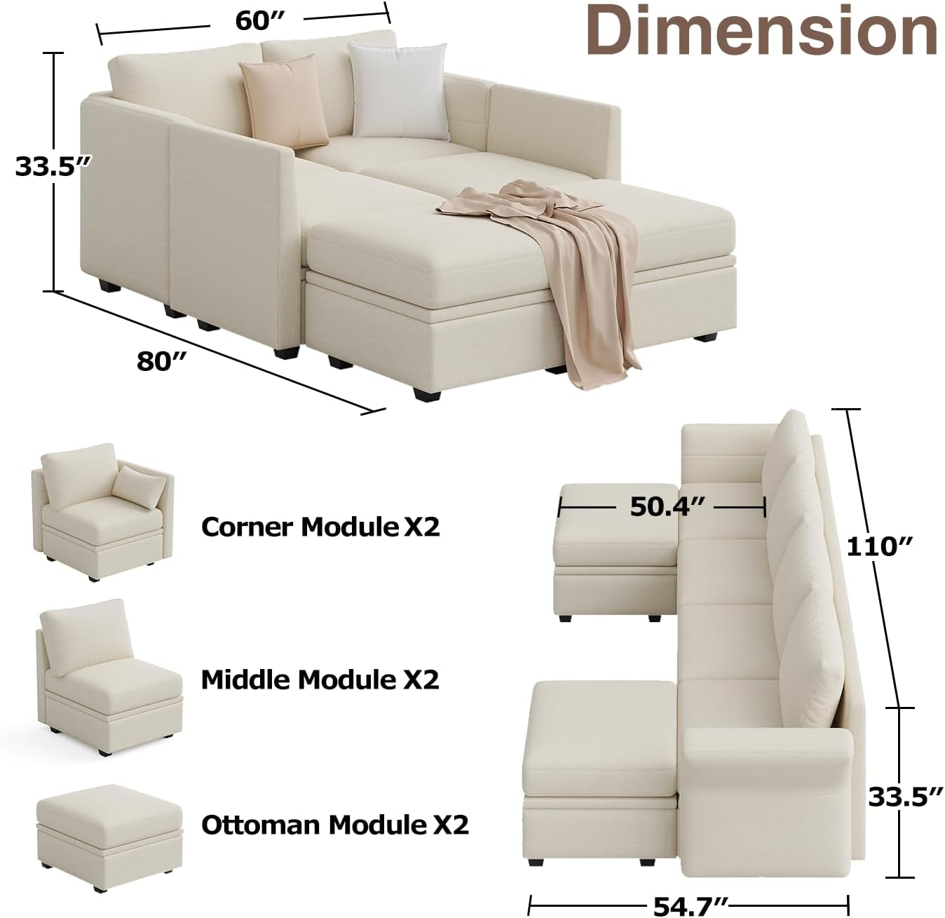 Modular Sectional Sofa with Storage, U Shaped Sectional Couch for Living Room, Convertible Modular Sofa Couch with Ottomans, High Supportive & Soft Sponge, 6 Seat, Beige