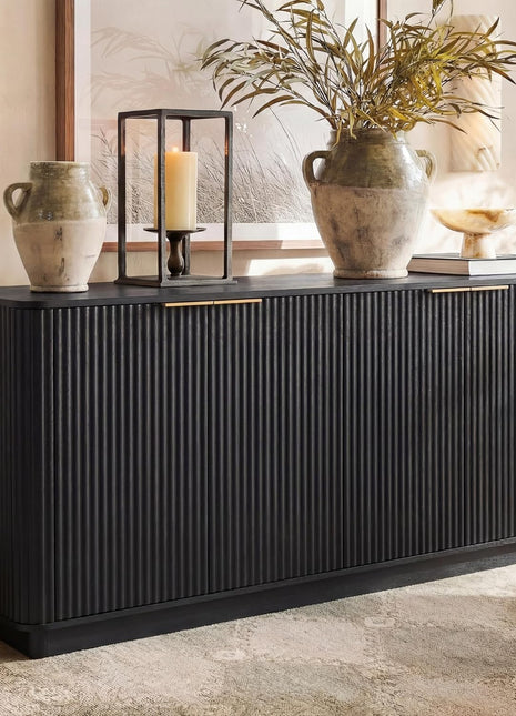 63-Inch Modern Fluted Sideboard Buffet Cabinet with Storage, 31.6-Inch Height Wood Media Console and Coffee Bar Table for Living Room, Kitchen, and Dining Room in Black