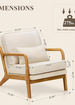 Set of 2 Mid-Century Accent Chairs with Solid Wood Frame, Lumbar Pillow, and Soft Cushion for Living Room, Bedroom, or Waiting Area - Beige