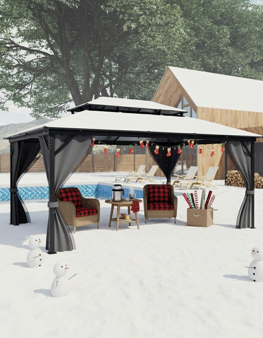 10 Ft X12 Ft Hardtop Gazebo for All Weather, Double Polycarbonate Sheets Roof, Aluminum Alloy Frame, Net, and Curtain, Permanent Building for Patio, Deck, Backyard, Lawn, and Garden, Gray