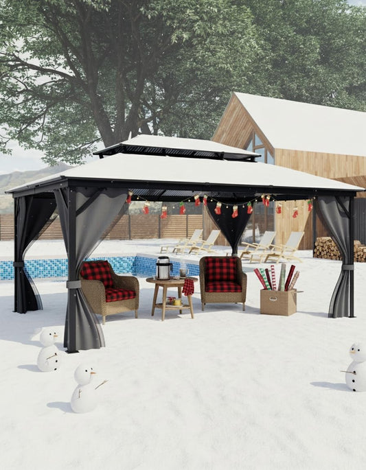 10 Ft X12 Ft Hardtop Gazebo for All Weather, Double Polycarbonate Sheets Roof, Aluminum Alloy Frame, Net, and Curtain, Permanent Building for Patio, Deck, Backyard, Lawn, and Garden, Gray