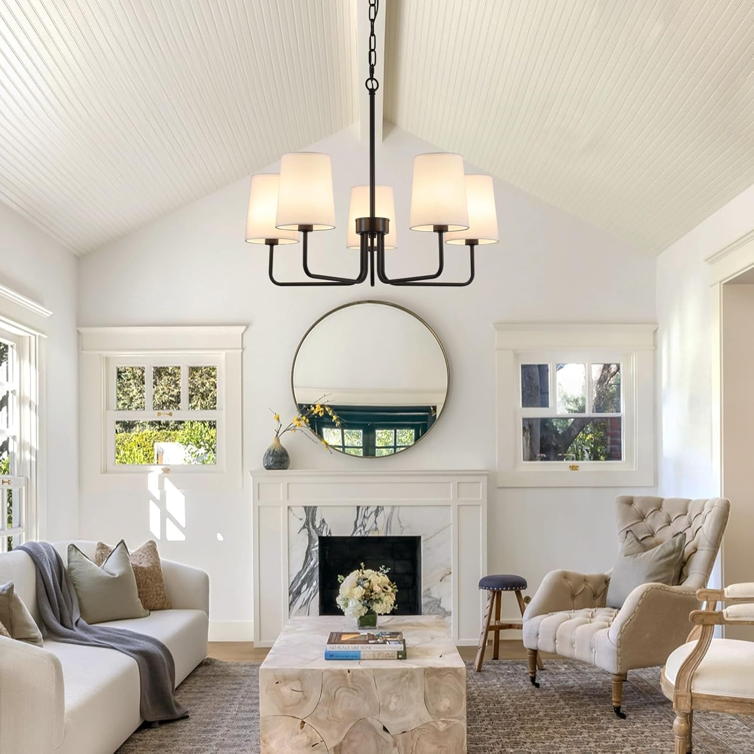 Farmhouse Chandelier, Matte Black with White Fabric Shade, Farmhouse Linear Island Lighting Fixture for Kitchen, Dining Room (5-Light Matte Black with Fabric Shades)