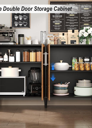 58-Inch Buffet Cabinet with Storage and Adjustable Shelves, Coffee Bar Cabinet Featuring Four Spacious Doors for Living Room and Kitchen, Black Finish