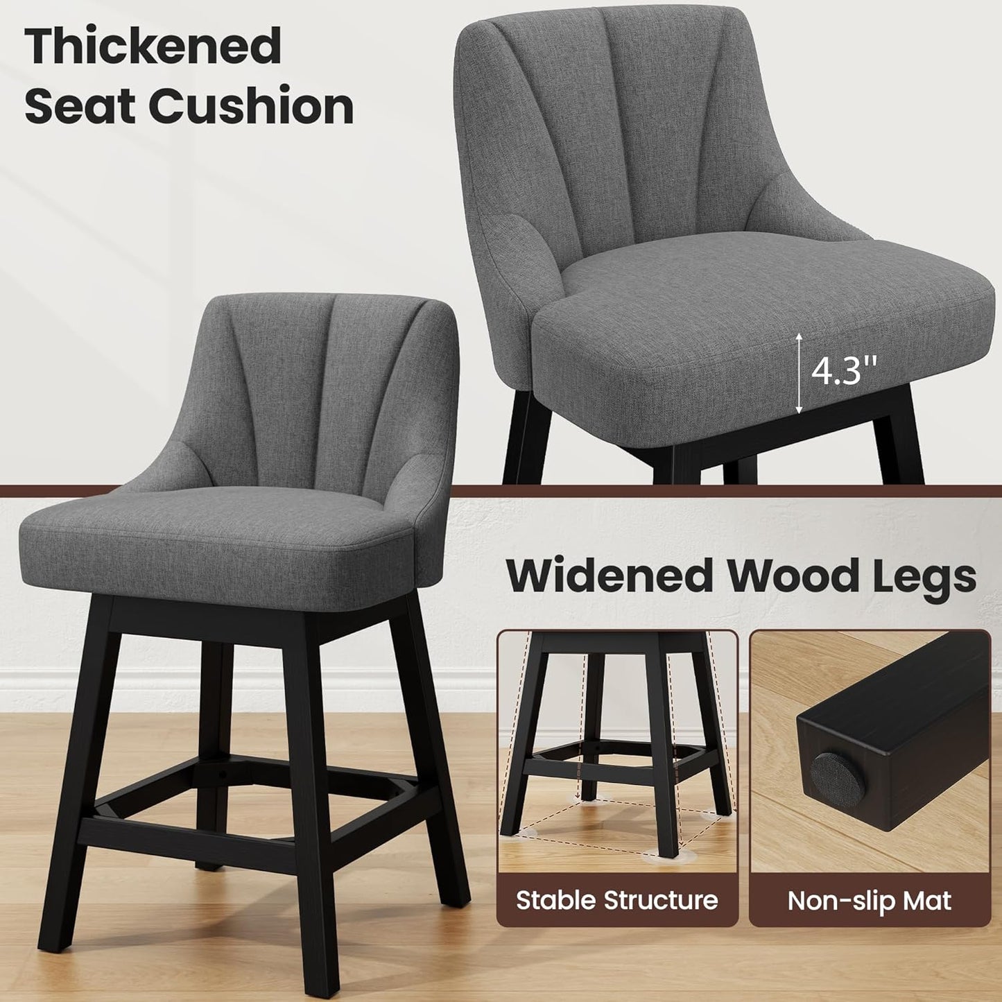 Swivel Bar Stools Set of 3, Fabric Upholstered Counter Height Barstool, 26" Modern Kitchen Island Chairs with Back and Solid Wood Legs for Home Bar Dining Room, Dark Grey