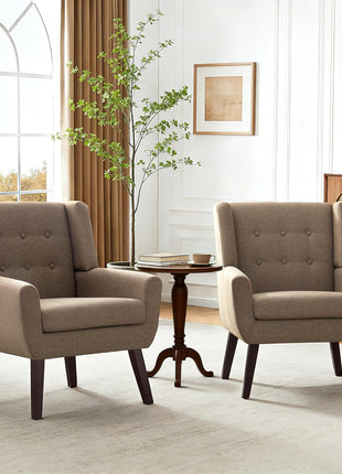 Set of 2 Mid-Century Modern Upholstered Accent Chairs with Button-Tufting and Wooden Legs, Linen Fabric, Brown - Ideal for Living Room and Bedroom