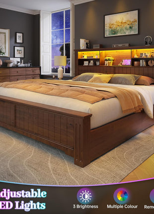 King Size Bed Frame with Four Storage Drawers, Integrated Headboard with LED Lighting and Charging Ports, No Box Spring Required, Noise-Free Wooden Construction, Brown Finish
