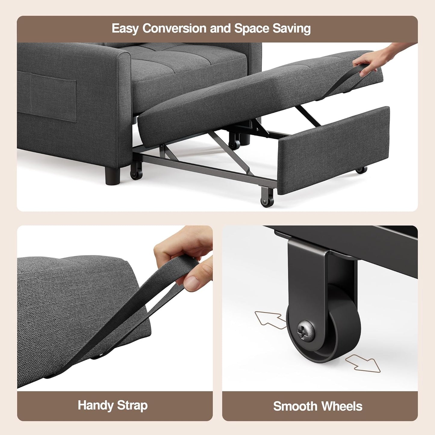 Convertible Sofa Bed, 3-In-1 Multi-Functional Sleeper Chair Bed, Adjustable Backrest Recliner with Modern Linen Fabric for Living Room Bedroom Apartment Small Space, Dark Grey