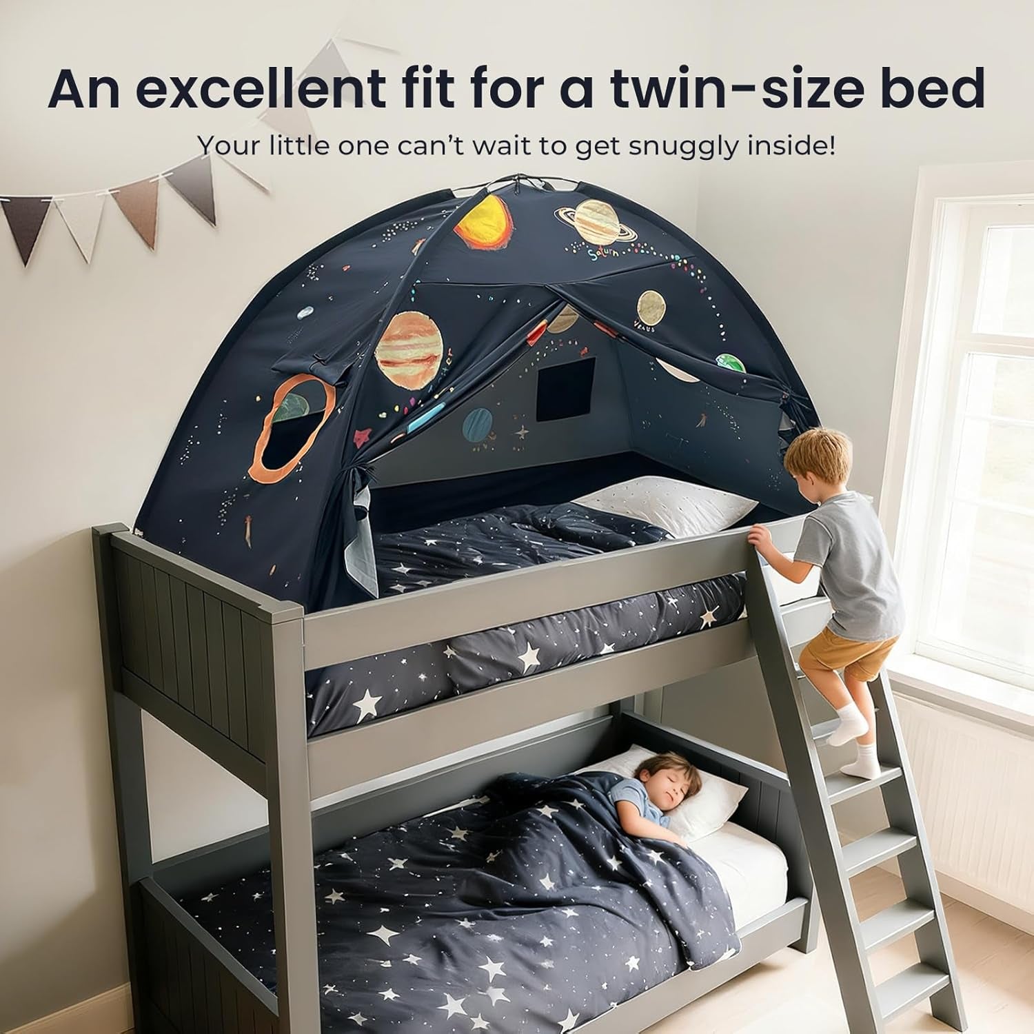 Space Galaxy Bed Tent for Kids – Sleep Bed Canopy with 9 Planets Design, Easy-To-Install Indoor Kids Play Tent, Imaginative Playhouse, Ideal Gift for Boys & Girls – 77" X 40" X 46"