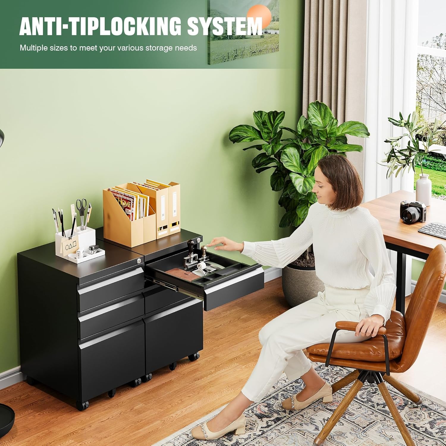 3 Drawer Mobile File Cabinet with Lock,Under Desk Metal Filing Cabinets for Home Office Organizer Letters/Legal/A4((Fully Assembled-Black)