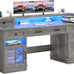 Farmhouse Executive Desk with File Drawer, Computer Desk with Charging Station & LED Lights, Home Office Desk with Drawers & Storage Cabinet, Executive Office Desk with Monitor Stand, Grey