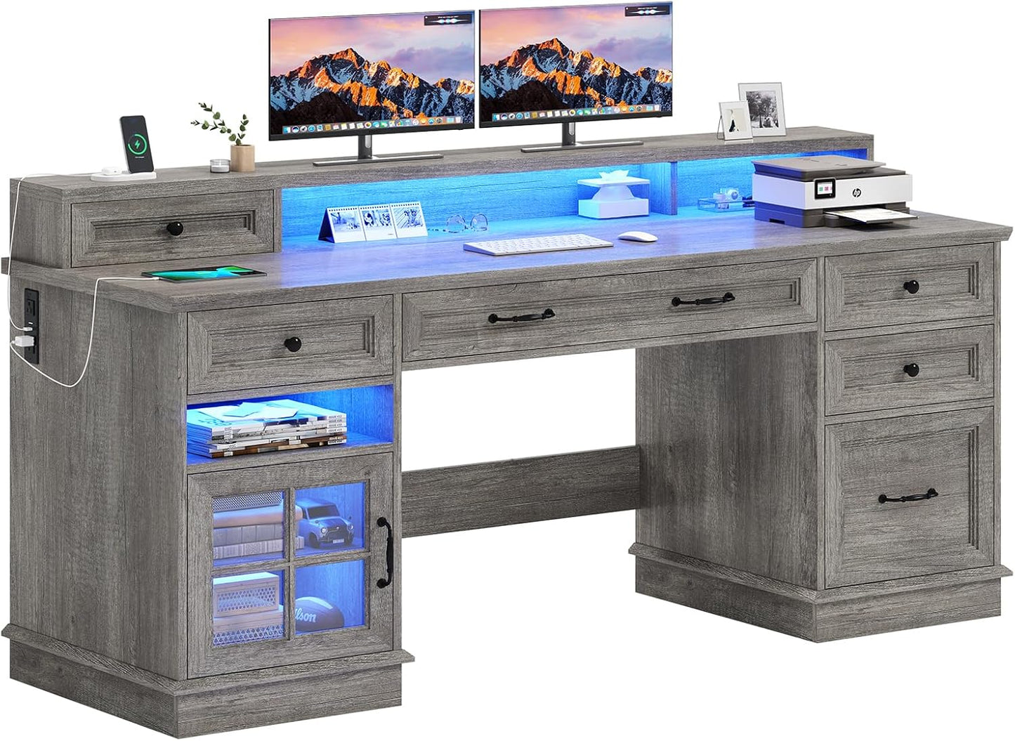 Farmhouse Executive Desk with File Drawer, Computer Desk with Charging Station & LED Lights, Home Office Desk with Drawers & Storage Cabinet, Executive Office Desk with Monitor Stand, Grey