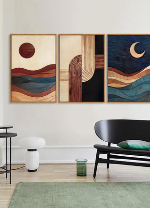 Bohemian Mid-Century Modern Framed Canvas Wall Art - Geometric Abstract Sun and Moon Design in Beige and Black for Living Spaces - 16" x 24" x 3
