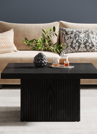 Tribesigns 31.5-Inch Fluted Square Coffee Table in Black Finish, Mid-Century Modern Design, Large Living Room Cocktail Table with Easy Assembly