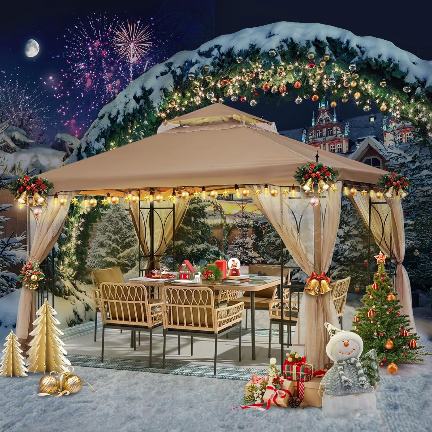 Patio Outdoor Gazebo 10X10 - Gazebo Canopy with Netting and Corner Frame Screen Wall for Backyard,Garden Lawn (Khaki)