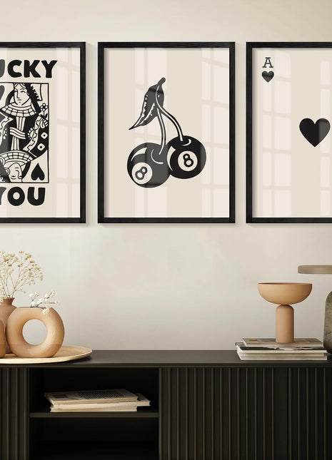 Framed Set of 3 Poker Wall Art - Lucky You Poster, Retro Queen of Hearts Print, Rustic Vintage Farmhouse Decor (Black 12"X16")