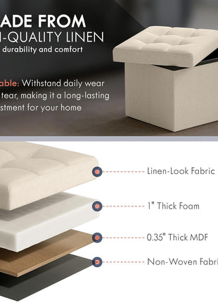 Rectangular Linen Foldable Ottoman - Compact Storage Footrest Stool for Living Room, Bedroom, Home Office, and Dorm - 12" x 16" x 12", Beige