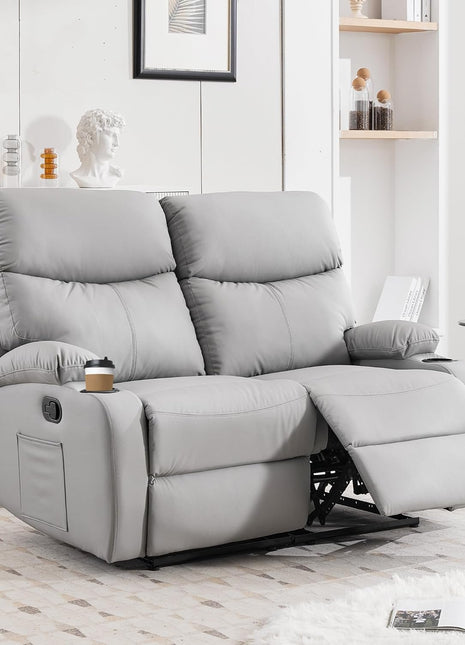 Reclining Loveseat in Gray PU Leather, 2-Seater RV Couch with Anti-Scratch Finish, Cup Holder, and Wall Hugger Design for Living Room and Home Theater