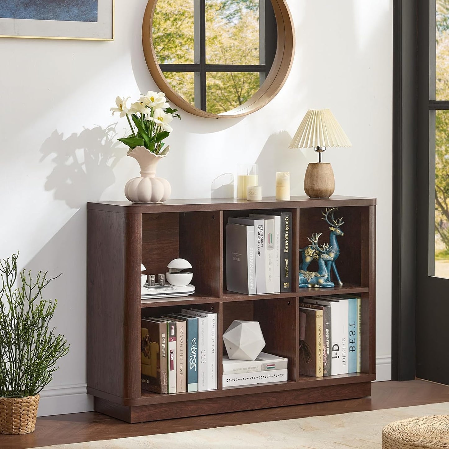 6 Cube Storage Bookcase, 40" Wide Low Horizontal Book Shelf with Curved Edge, Wood Floor Standing 2-Tier Bookshelf with Base, Farmhouse Short Book Case for Bedroom, Living Room, Office, Walnut