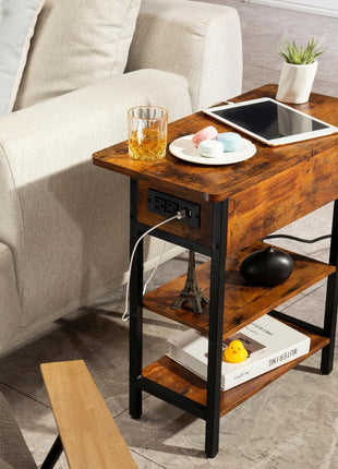 End Table with Built-in Charging Station, Flip Top Design Featuring USB Ports and Outlets, Multi-functional Sofa and Bedside Table for Living Room and Bedroom, Space-saving Nightstand with Storage Shelves