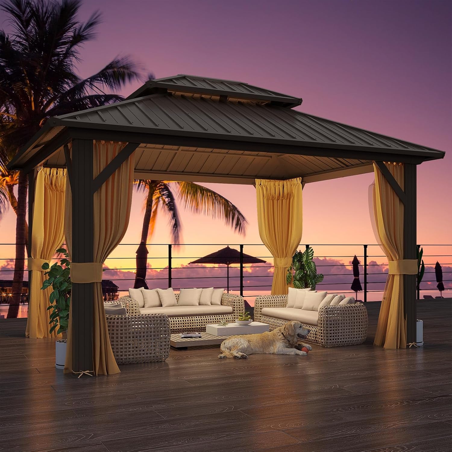 10' X 12' Hardtop Gazebo, Metal Gazebo with Aluminum Frame, Double Galvanized Steel Roof, Curtains and Netting Included, Pergolas for Patios, Garden, Parties, Lawns