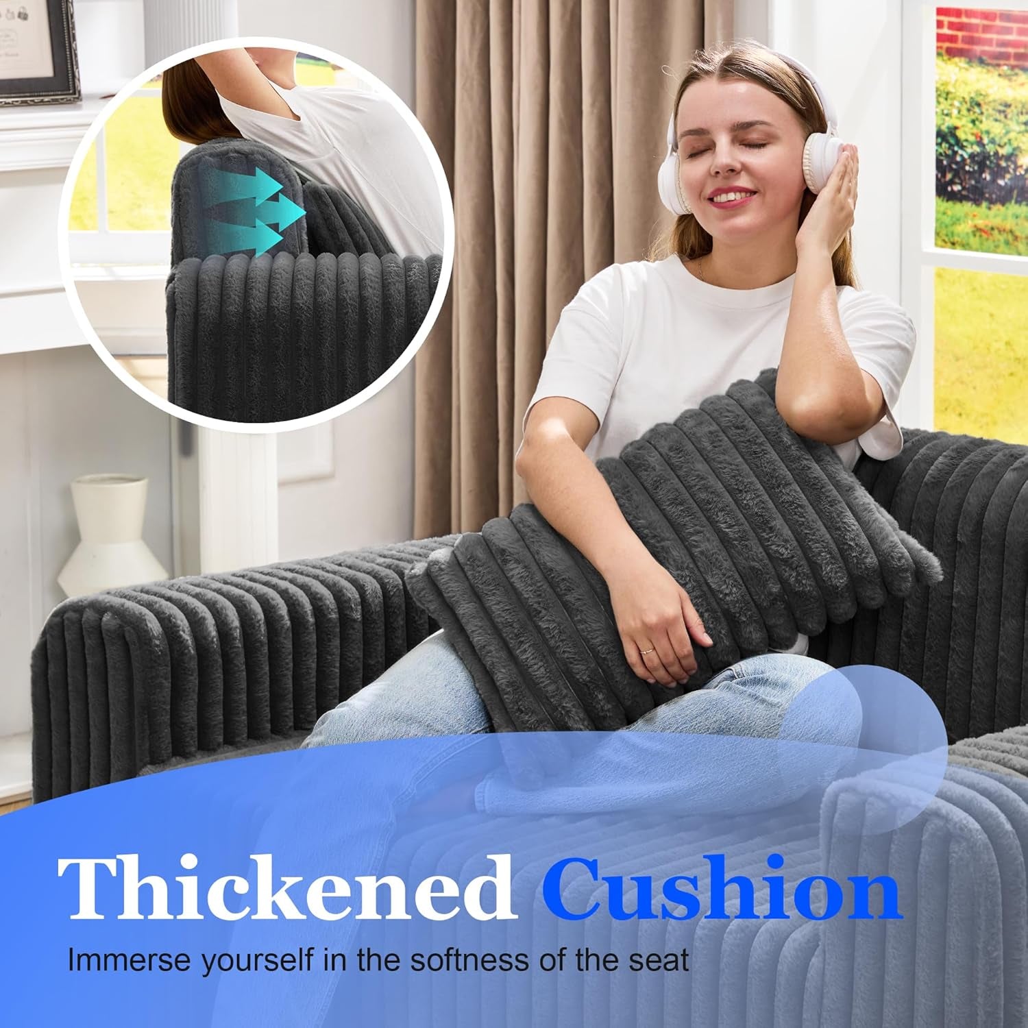 Couch Sofa 2-Seater Foam Sofa Loveseat for Small Spaces Comfy Sofas with Removable Cover Furry Couch with Pillows for Living Room, Bedroom, Apartment, Office (Black, Loveseat)