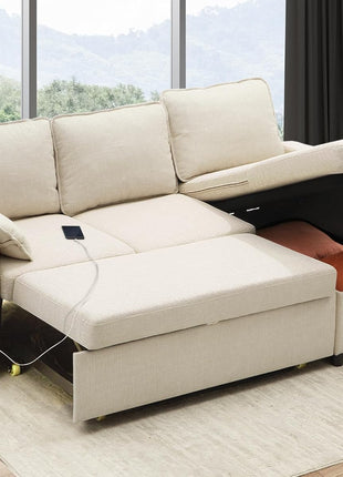 Beige 2-in-1 Pull-Out Sofa Bed with Storage, USB Ports, and Cup Holders – Stylish Sectional Ideal for Apartment Living