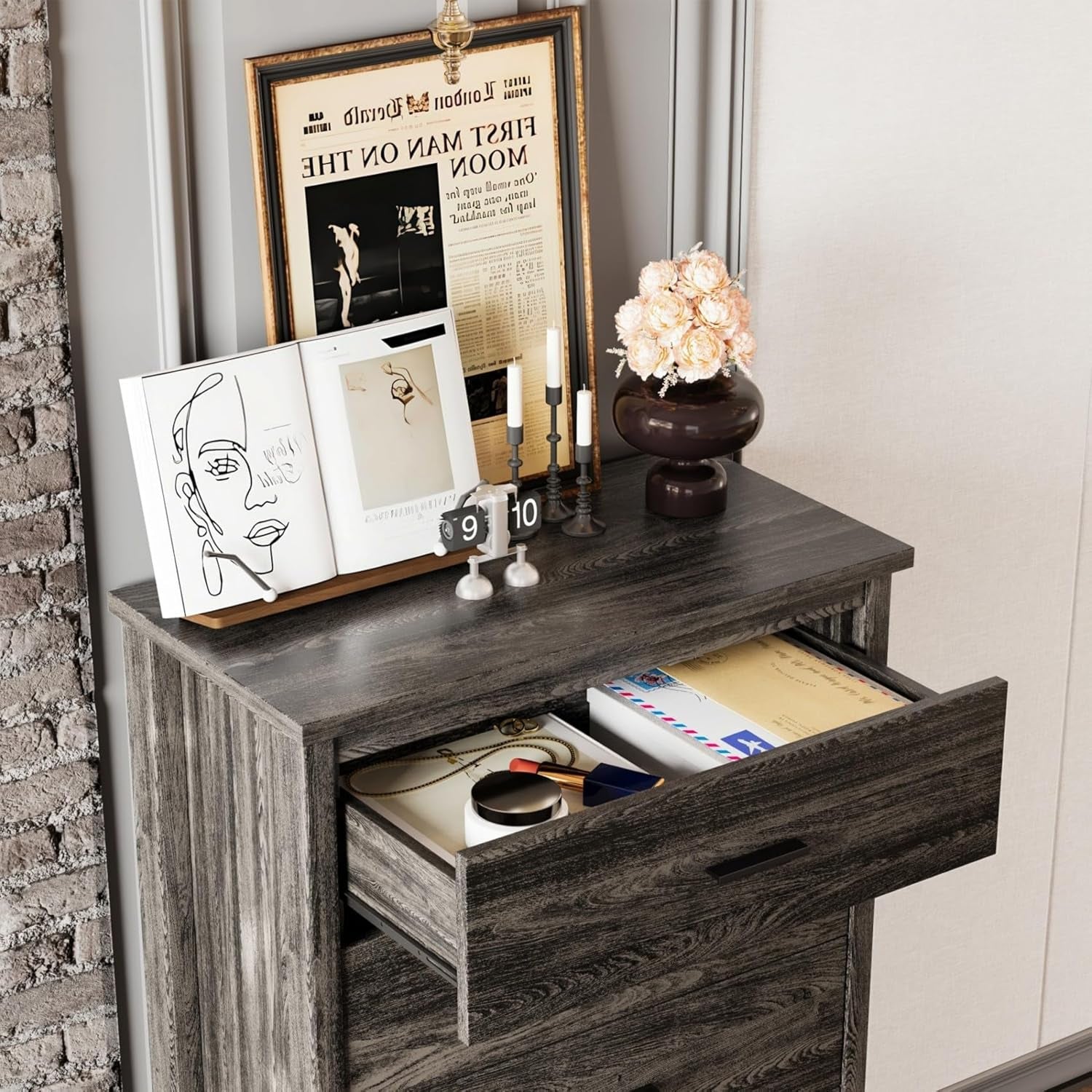 4-Pcs Queen Size Bed Frame Dresser Night Stand Bedroom Set, Platform with USB Charging Ports Storage Headboard & 1 X 5 Drawers Cabinet & 2 X Nightstands, Wooden, Antique Grey