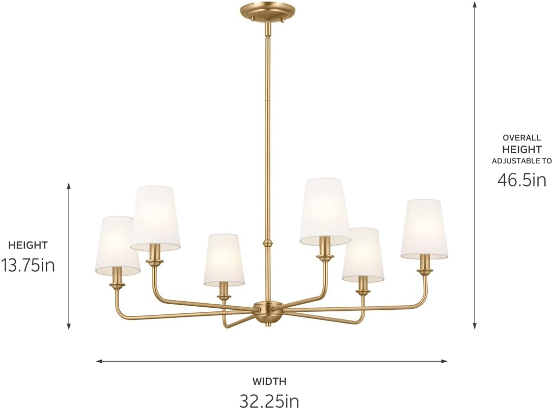Pallas 6-Light Chandelier in Brushed Natural Brass, Classic Ceiling Light Fixture with Optional Linen Tapered Shades for Foyer, Living Room, or Dining Room, (32.25" W X 13.75" H), 52516BNB