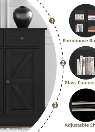 55-Inch Farmhouse Coffee Bar Cabinet with Glass Doors, Four Doors, Three Drawers, and Adjustable Shelves for Kitchen and Dining Room, Black Finish