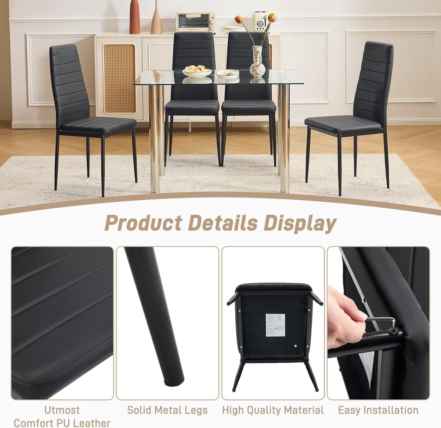 Dining Chairs Set of 4, PU Leather Balck Kitchen Chairs with Padded High Back & Foot Cap Protection for Dining Kitchen Living Room,300Lbs Capacity,Space-Saving