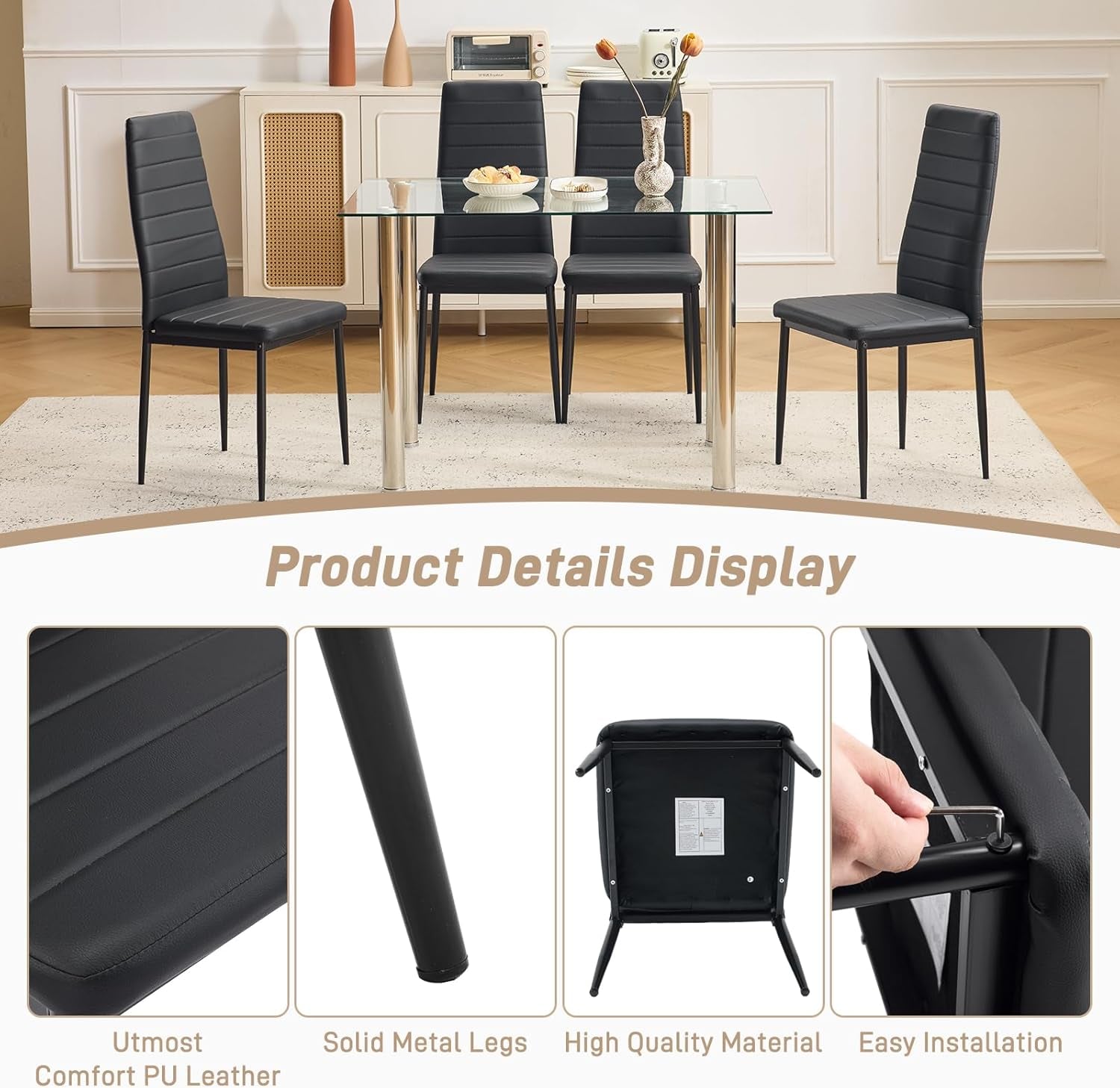 Dining Chairs Set of 4, PU Leather Balck Kitchen Chairs with Padded High Back & Foot Cap Protection for Dining Kitchen Living Room,300Lbs Capacity,Space-Saving