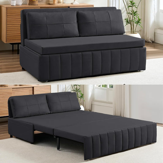 62.2" Queen Size Pull Out Sofa Bed，Leathaire Pull Out Couch with Tri-Fold Mattress，3-In-1 Convertible Sleeper Sofa with Pillows for Small Space/Bedroom/Apartment（Dark Grey）