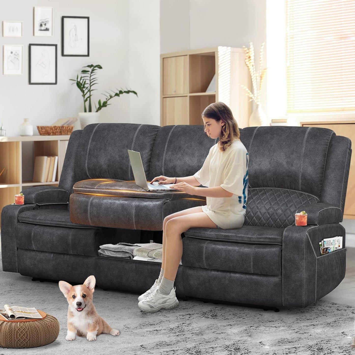 3-Seater Recliner Sofa, Manual Reclining Couch with Multi-Functional Middle Seat, Reclining Sofa for Living Room with Hidden Storage Space, Cup Holders, and Removable Console - Velvet Grey