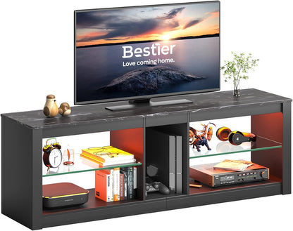 LED Gaming TV Stand for 55 Inch TV, Entertainment Center with Adjustable Glass Shelves, Modern TV Console for Living Room & Bedroom, Black Marble