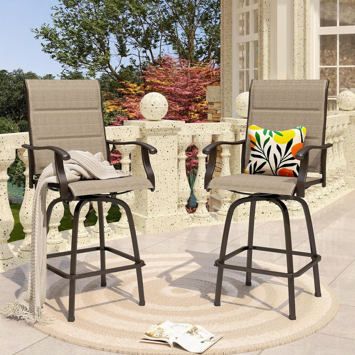Outdoor Swivel Bar Stools Set of 2, High Top Patio Chairs with Padded Textilene Seating, All-Weather Bar Height Furniture for Kitchen or Outside, Padded Brown Textilene
